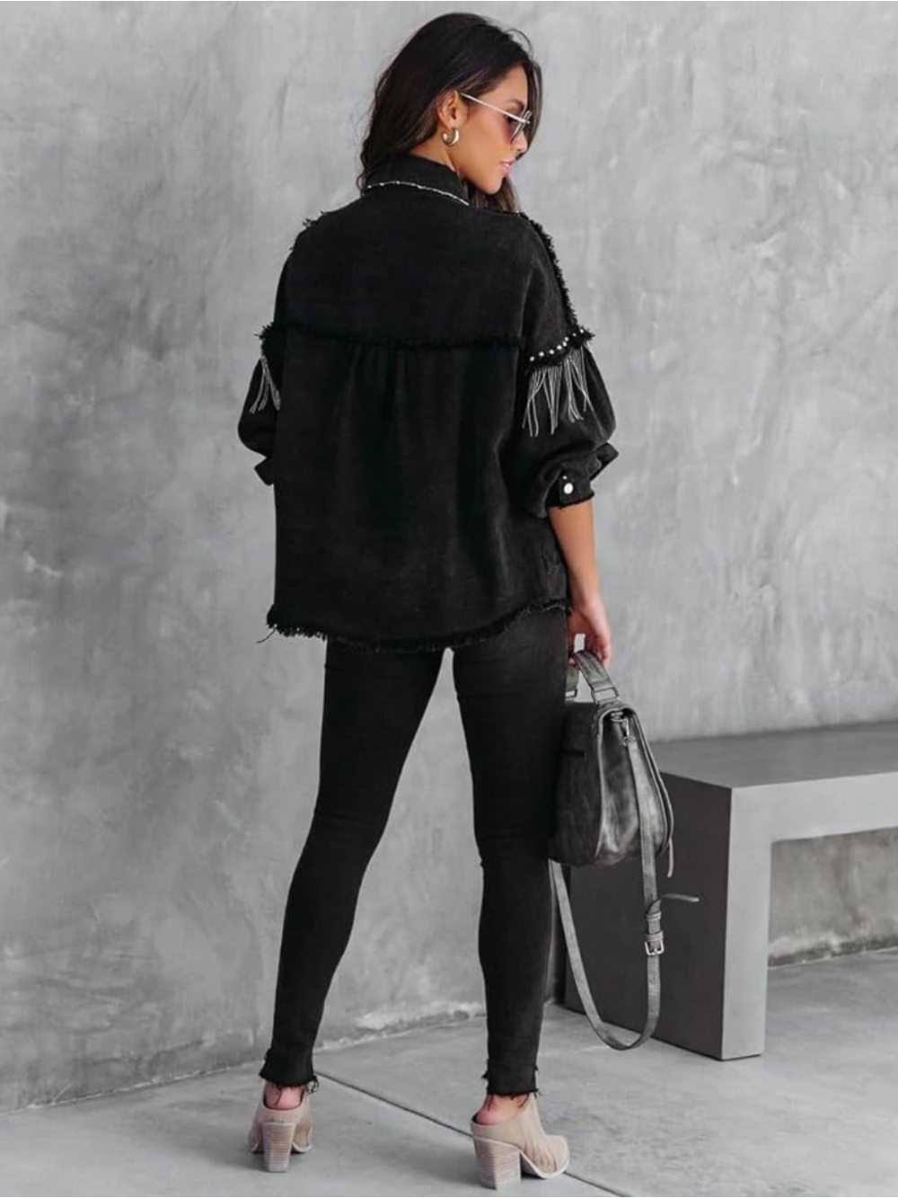 NWT Oversized Fringed Black Denim Jacket with Silver Tassels - Picture 2 of 6
